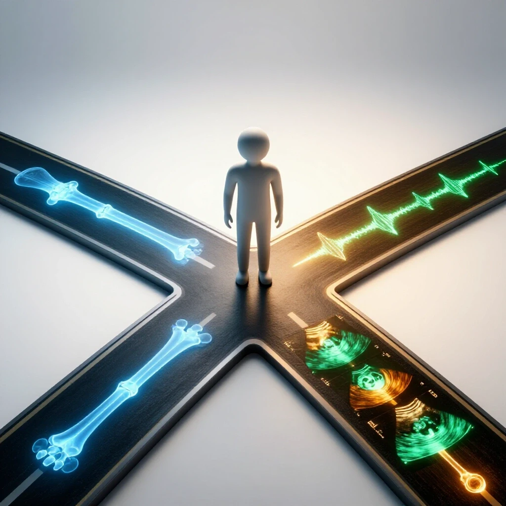 Glossy crossroads with X-ray and ultrasound symbols illuminated, symbolizing a pivotal medical career choice