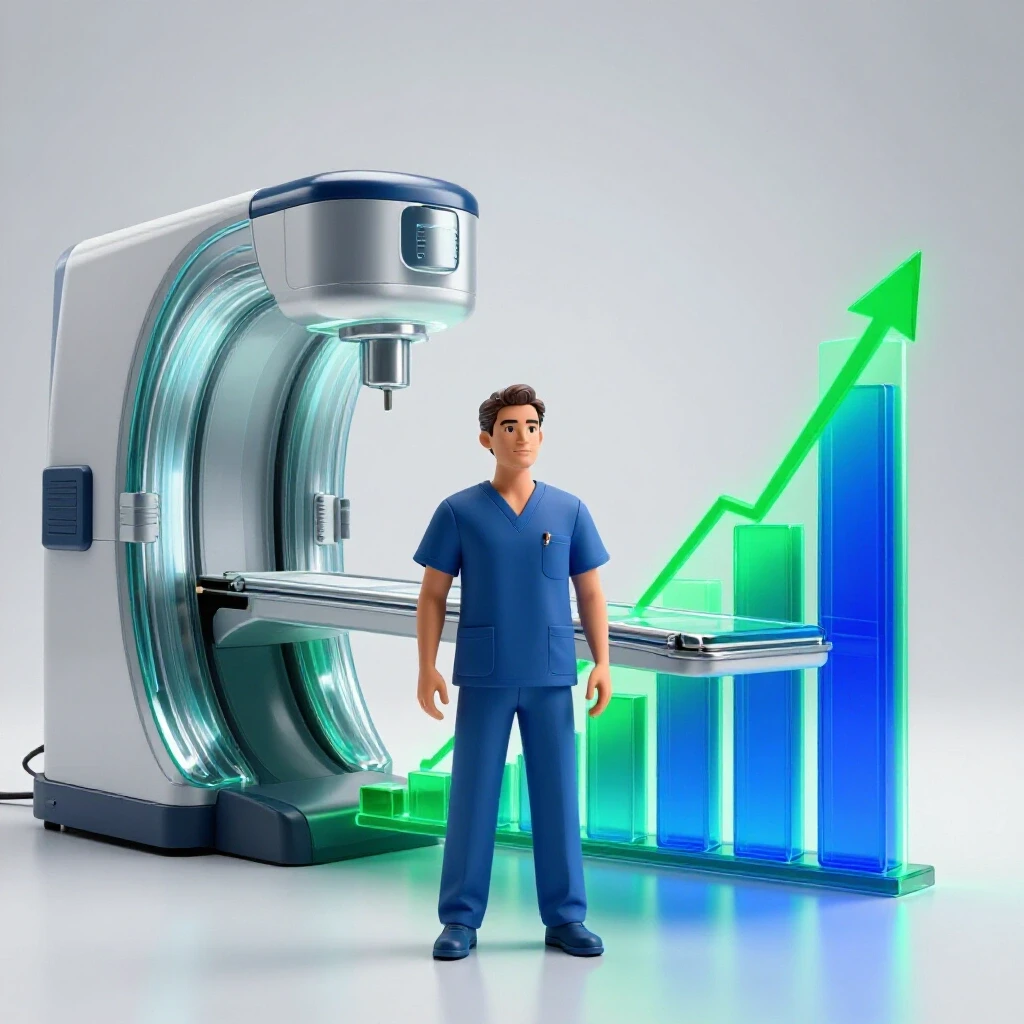 Stylized medical figure stands between a radiant therapy machine and a glowing green-blue bar graph on a bright background.
