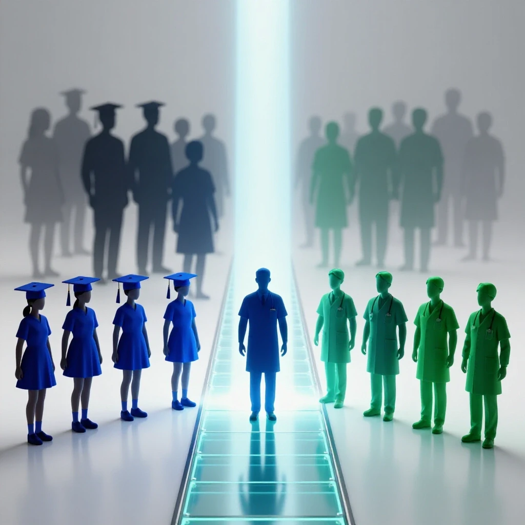 X-ray beam illuminates pathway of professional silhouettes evolving from students to radiology staff