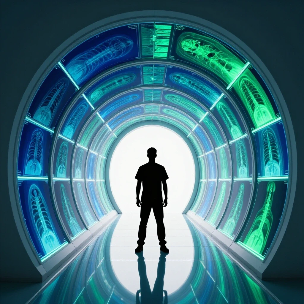 Glowing high-tech tunnel lined with x-ray images and a determined figure standing at the entrance, symbolizing entry into radiology technology.