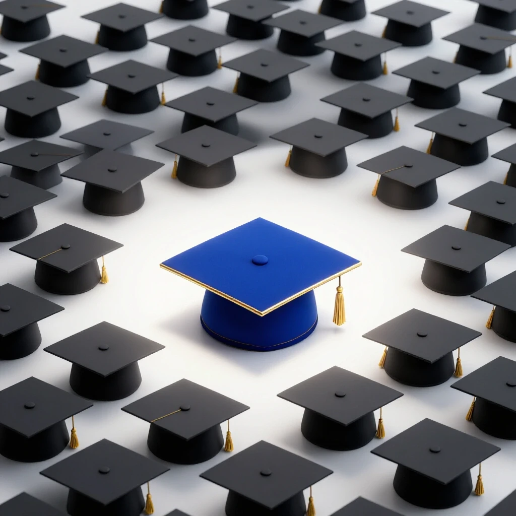 A single vibrant royal blue graduation cap illuminated at the center among shadowed, identical caps on a bright white background.