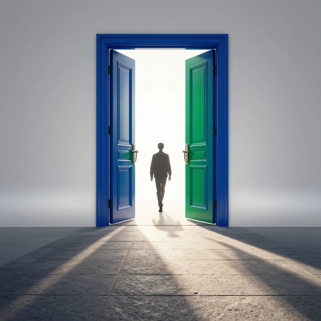 Open doorway with bold light streaming onto a shadowed campus path, symbolizing readmission journey.