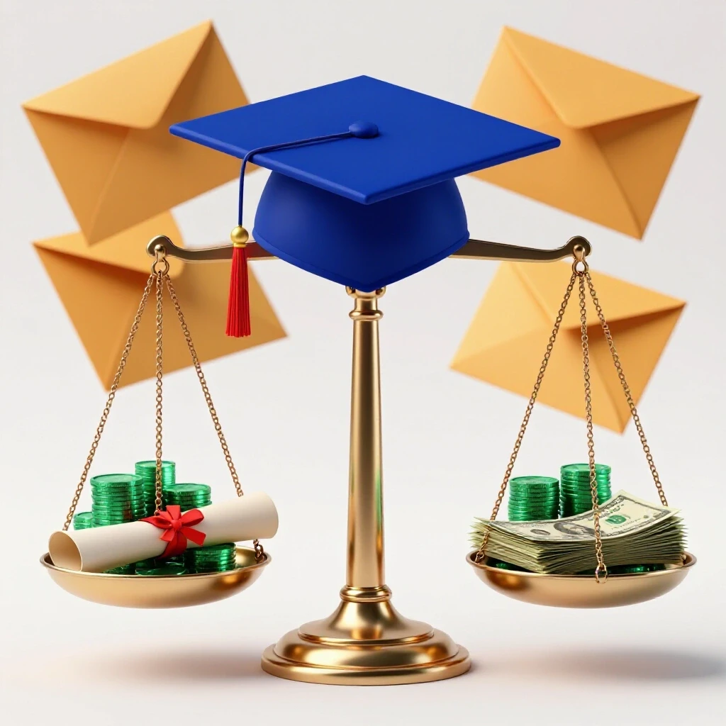 Vivid balancing scale with graduation cap, diploma, coins, and dollar bills surrounded by open scholarship envelopes.