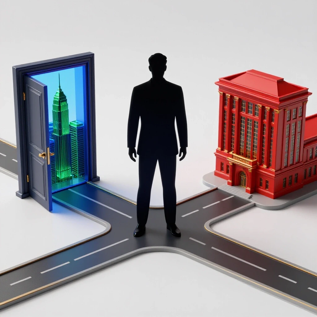 Confident silhouette stands at crossroads between open cityscape and classic academic building, symbolizing real estate career choice.
