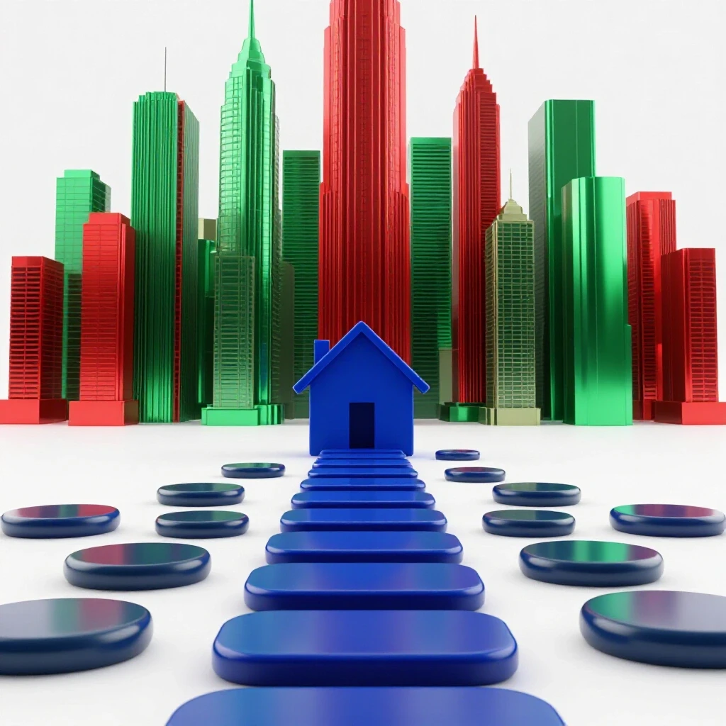 Stepping stone path from a blue house to a vibrant city skyline, symbolizing real estate career steps