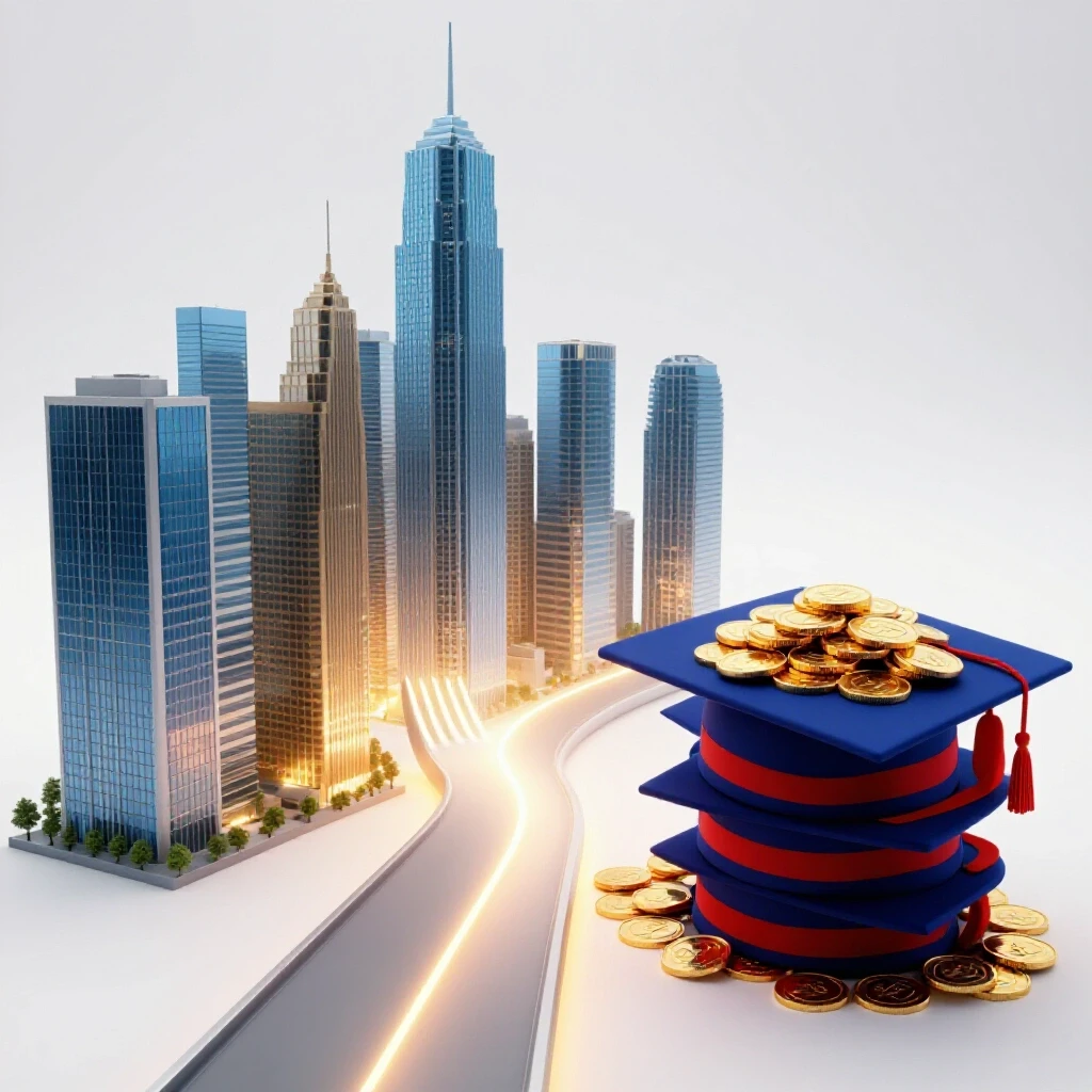 Dramatic forked path leads to skyscrapers on one side and gold coins stacked on graduation caps on the other.