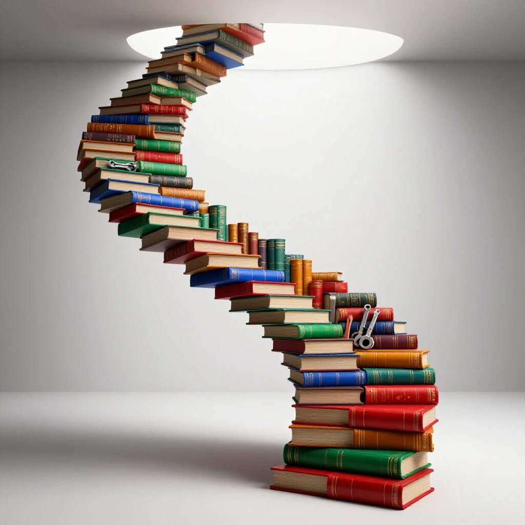 Dramatic staircase made of colorful books and tools rises from shadow into brightly lit open space, symbolizing career growth.