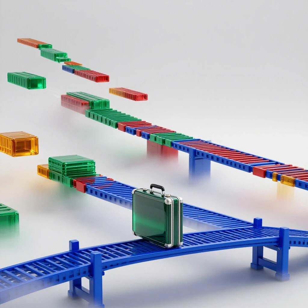 A glossy, multi-colored floating bridge forms over a foggy void with a briefcase poised at the edge, symbolizing career rebuilding.