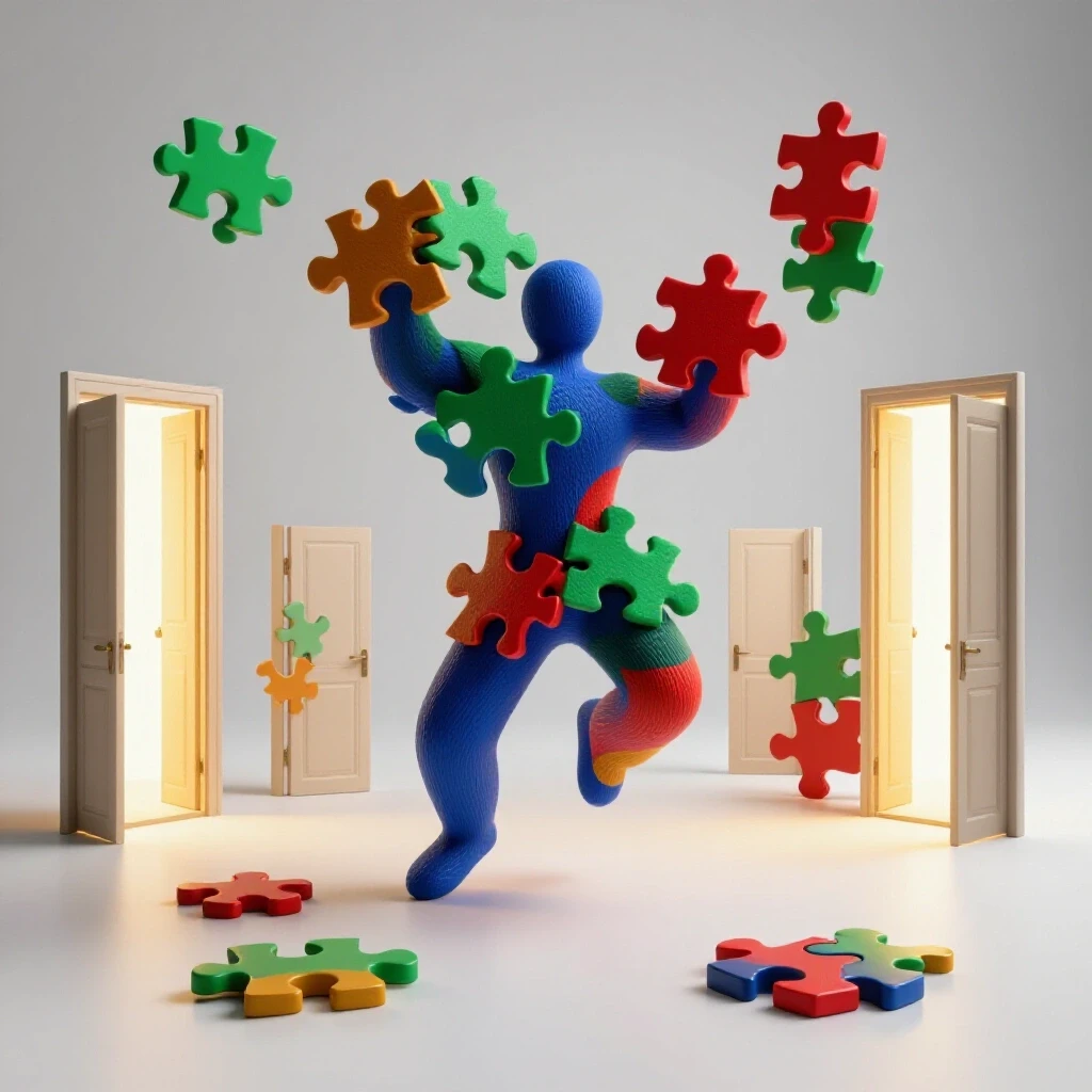 Vibrant puzzle pieces being assembled amid open doorways glowing with opportunity on a bright background