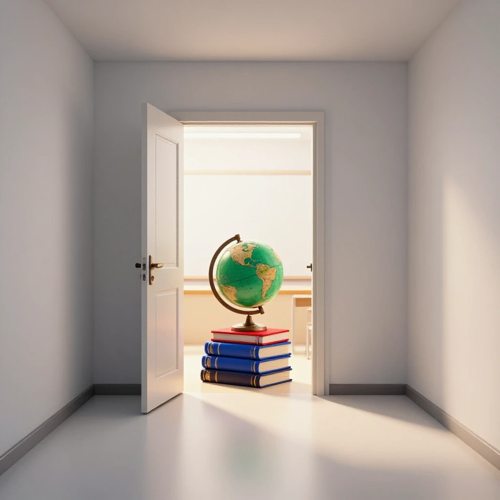 Open classroom door with warm light spilling onto a white hallway, surrounded by colorful academic objects.