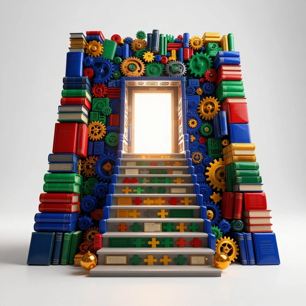 Abstract staircase made of colorful objects symbolizing skills and experiences leads to a glowing doorway.