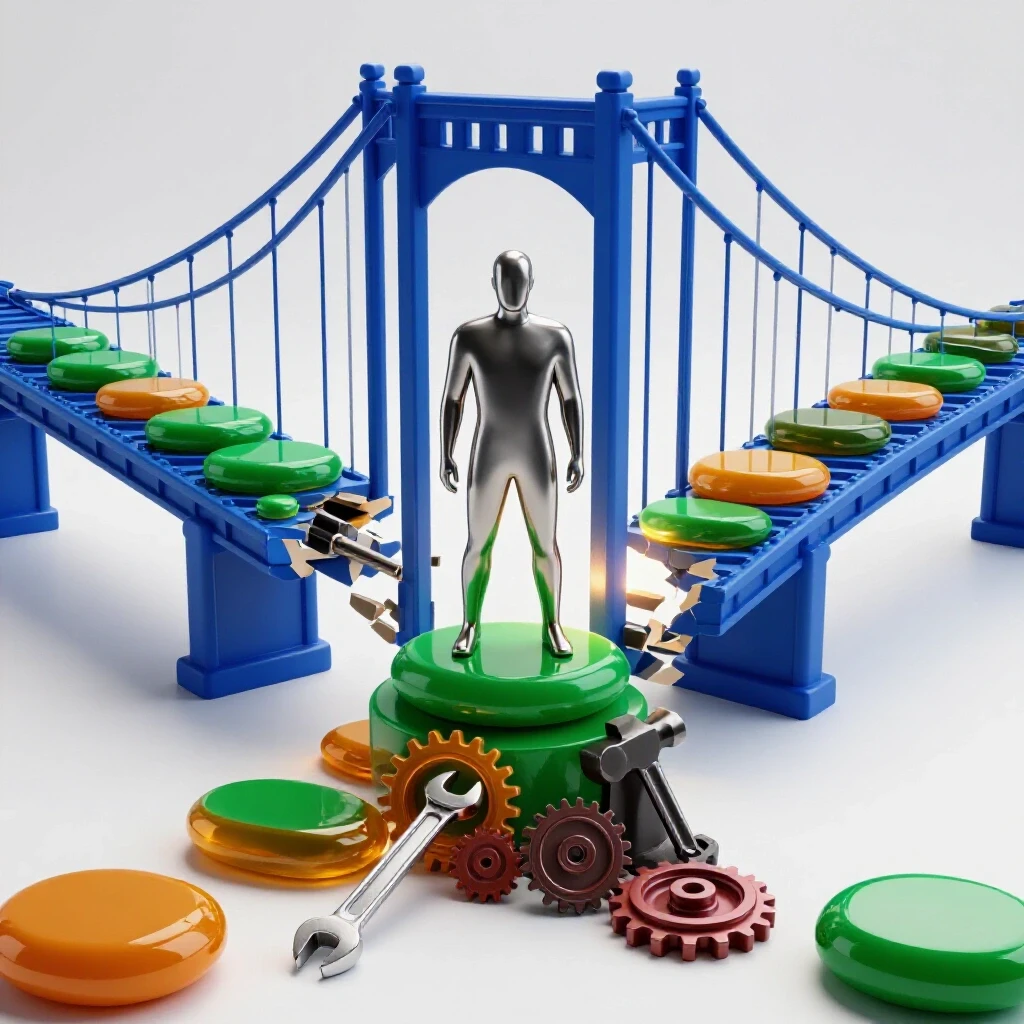 A metallic figure stands at a broken bridge base, with bright tools and stepping stones leading toward a glowing path.