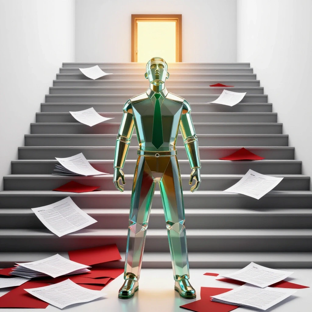 A determined figure stands at the base of a broken staircase with scattered exam papers, looking toward a glowing doorway above.