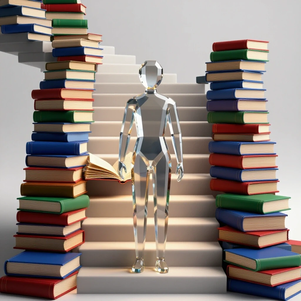 Lone figure at base of staircase made of scattered vibrant books, warm light illuminating upward path.