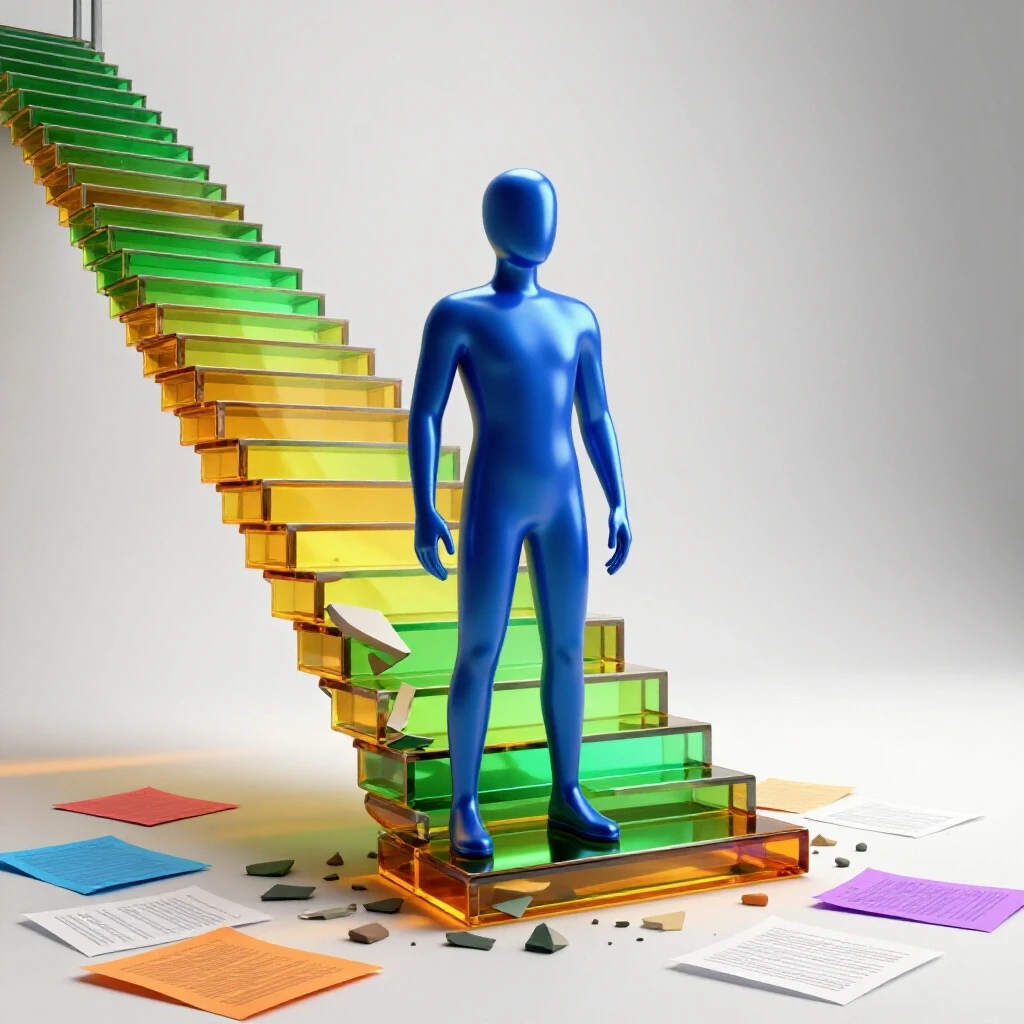 Glossy blue figure at a broken staircase turning into a colorful rising path with scattered exam papers and light rays, showing recovery after setbacks.