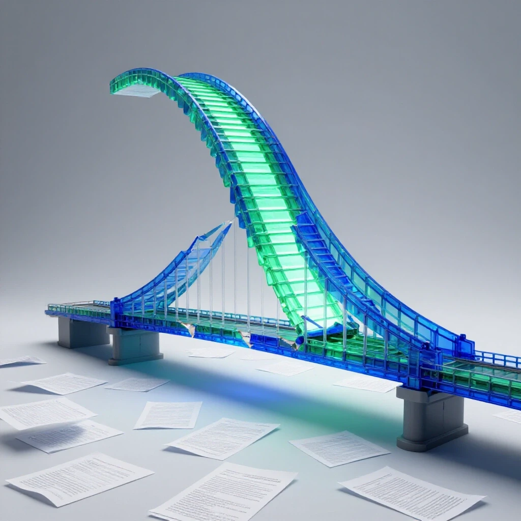 Broken bridge with scattered exam papers below and a glowing upward pathway symbolizing recovery after failure.