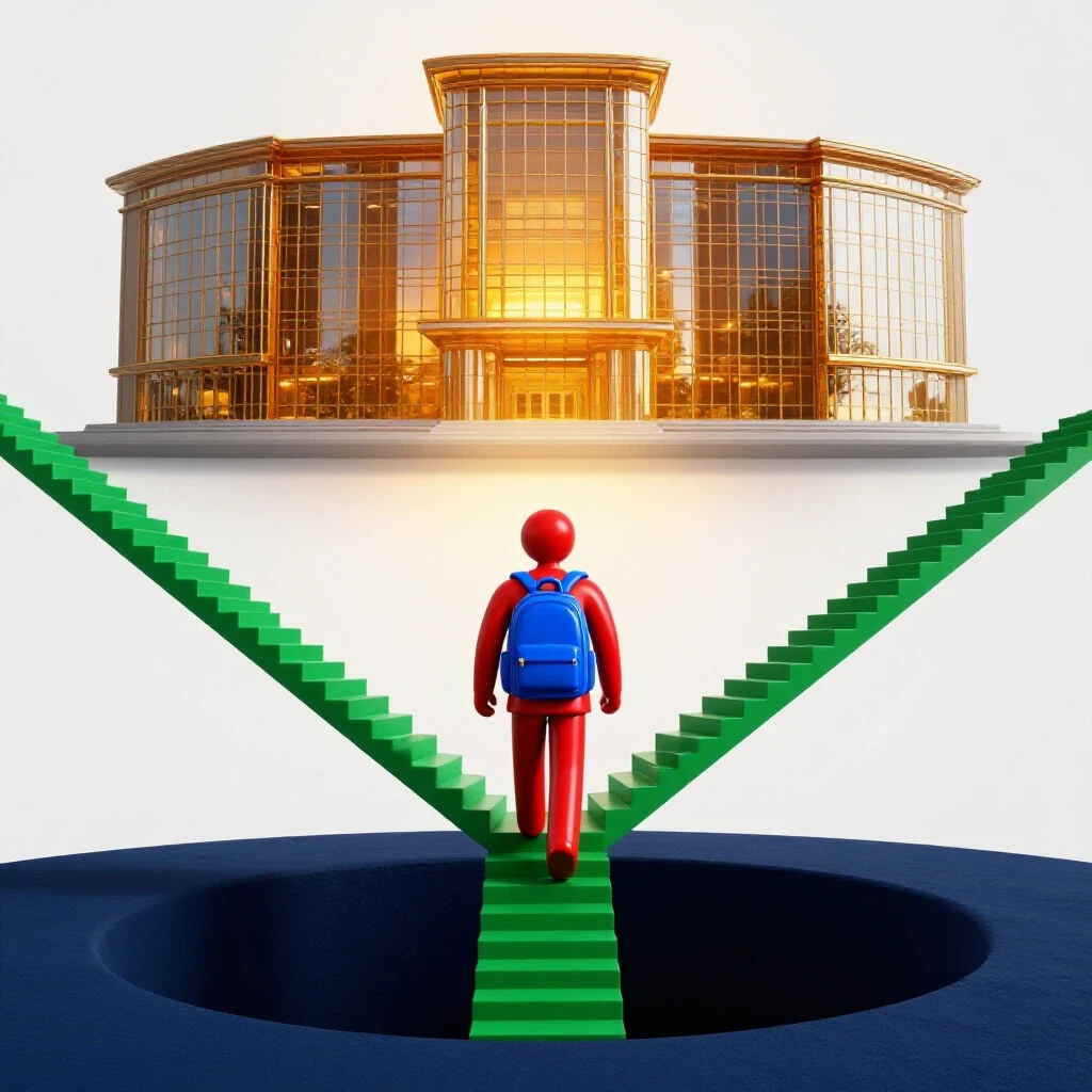 A vibrant scene of a symbolic student climbing a staircase from a deep pit toward a glowing university campus above.