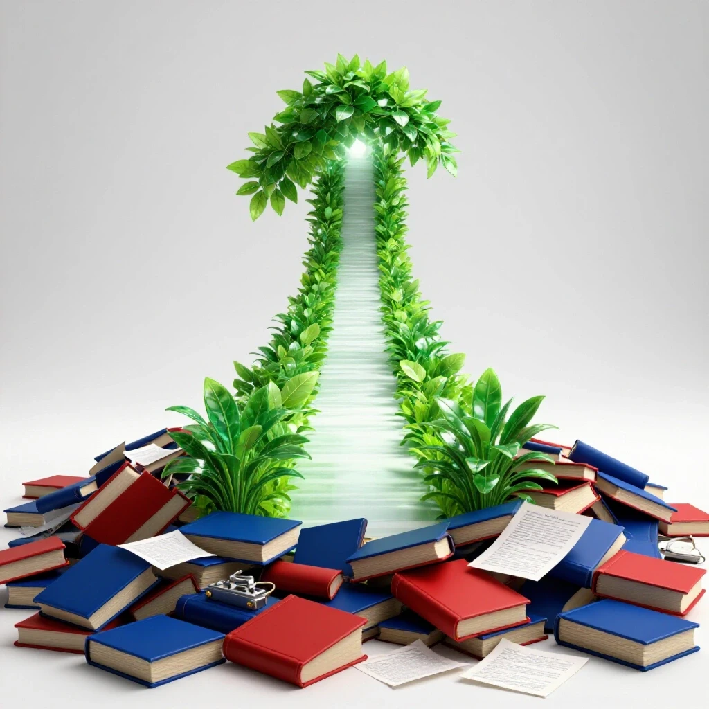A pathway emerges from tangled, colorful books and papers into a bright, open space with uplifting natural accents.