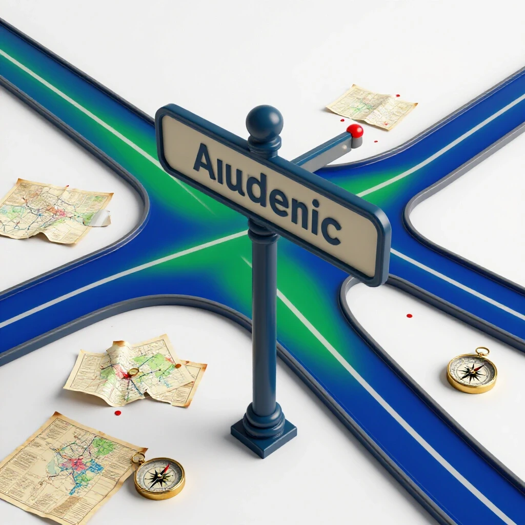 Crossroads with glossy academic signpost, torn maps, and broken compasses on a bright background