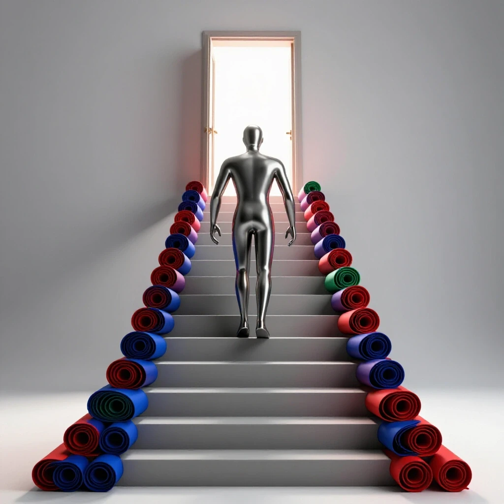 Abstract figure ascends vibrant diploma staircase toward bright doorway, shadows behind symbolizing overcoming setbacks.