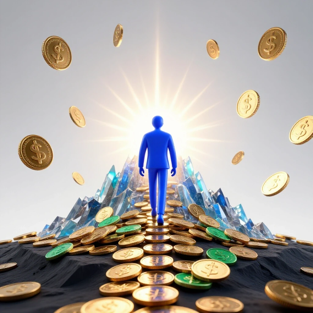 A blue figure climbs from a coin-covered plateau toward a glowing mountain peak symbolizing new career opportunities