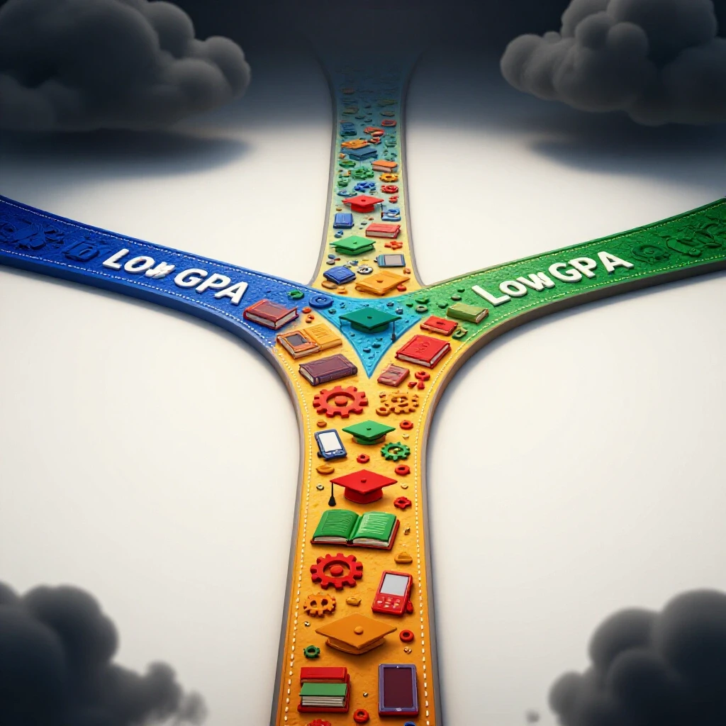 A stylized crossroads showing a dark, cloudy path turning into a bright, vibrant road with academic symbols.