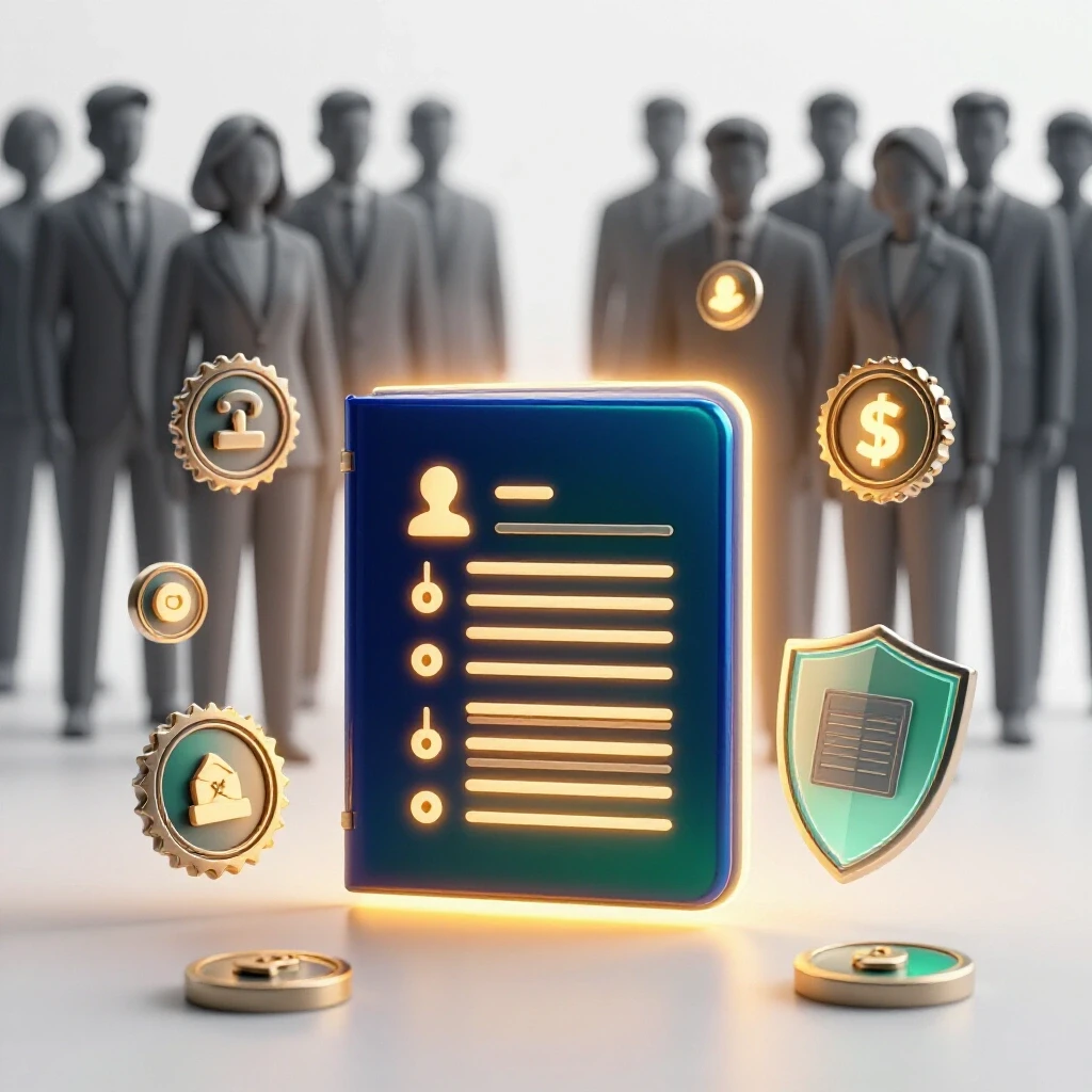 A glowing resume folder and vibrant skill icons stand out in sharp focus amid a blurred crowd on a white background.