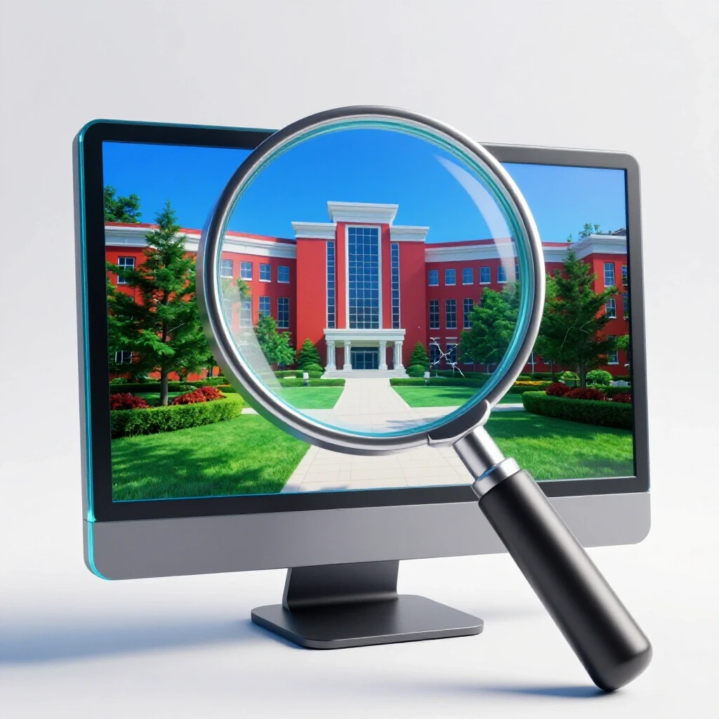 A magnifying glass inspects a glowing computer monitor showing a welcoming campus scene with hidden cracks