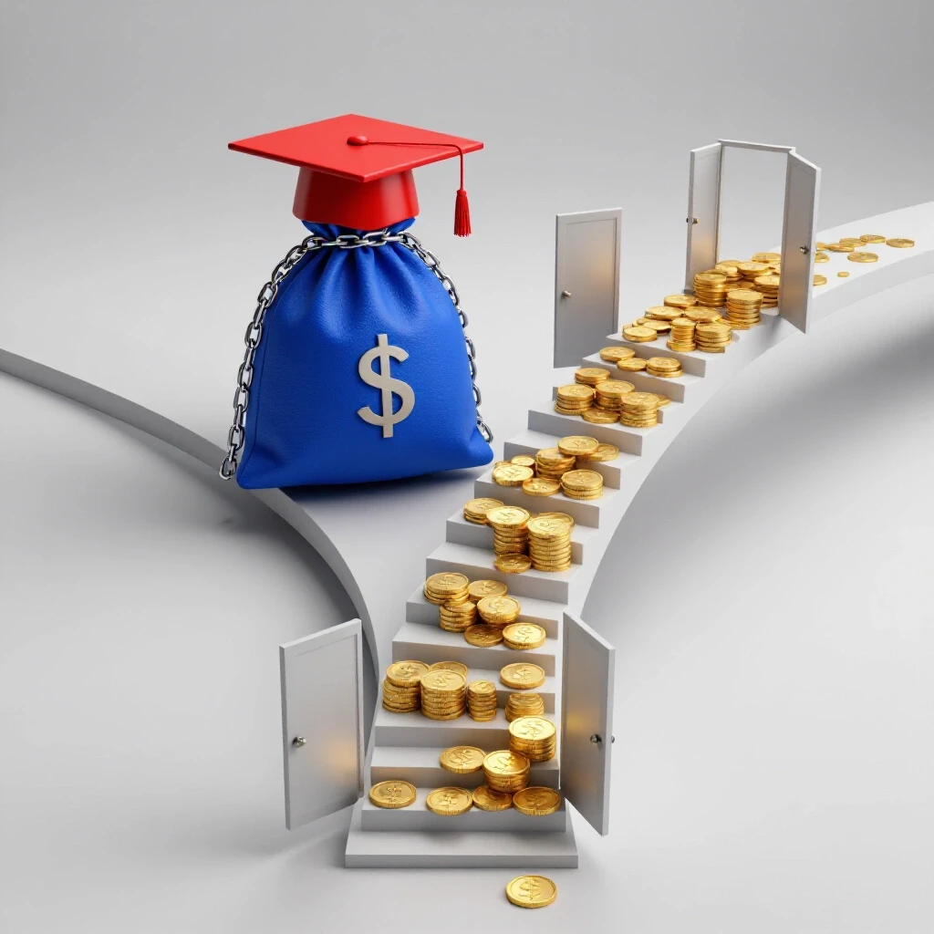A forked path featuring a chained money bag with a graduation cap on one side, and a golden coin-lined staircase with open doors on the other, set against a bright studio background.
