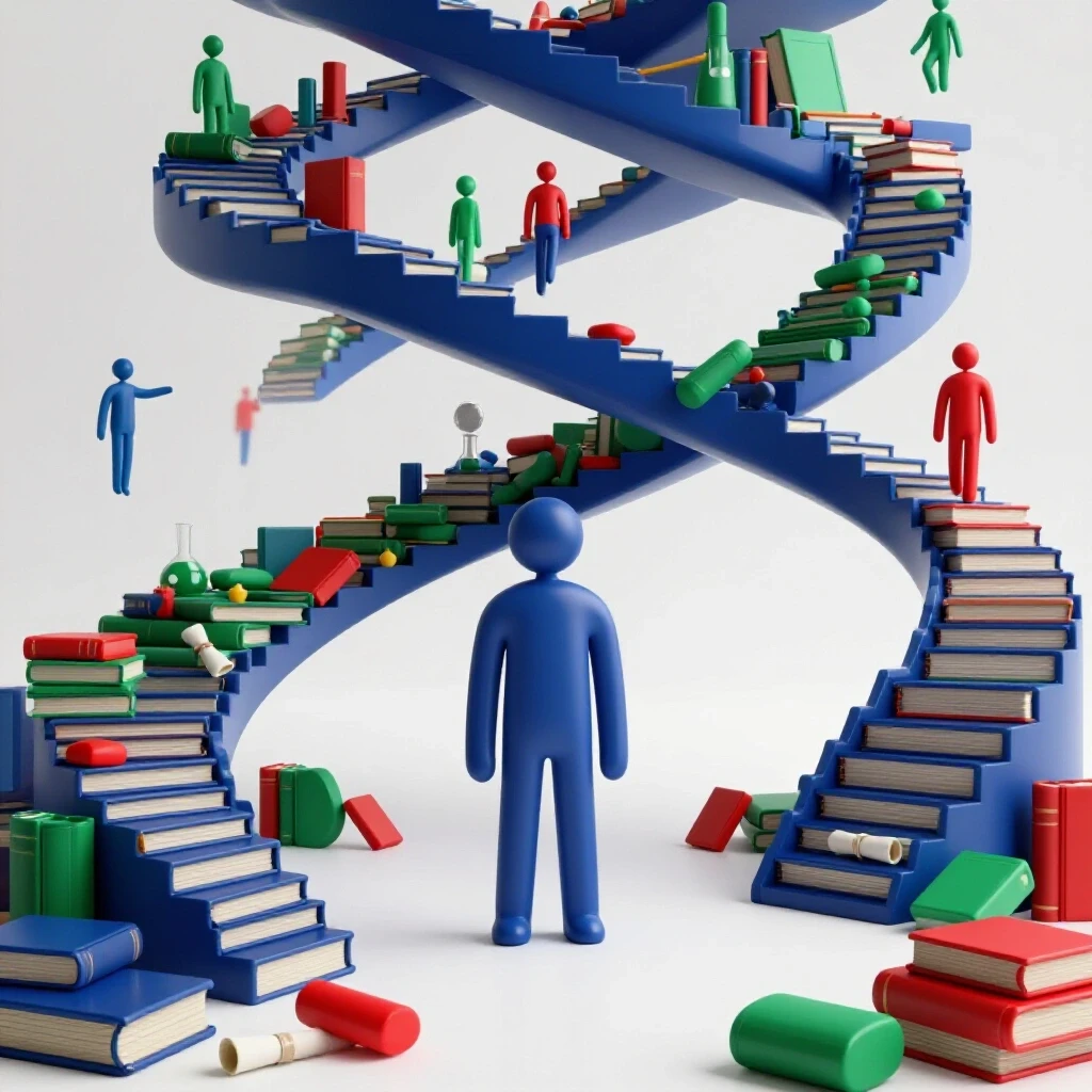 A determined adult figure faces a twisting staircase with obstacles, youthful students ascending ahead, set in a bright, modern space.