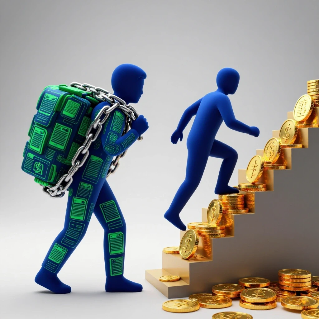 A stylized figure stands at a split path, chained by loan documents on one side and climbing gold coin steps on the other, set against a luminous background.