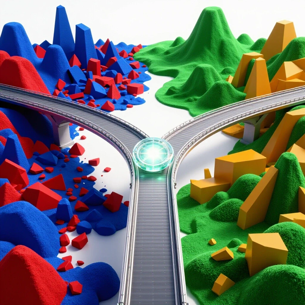 A central bridge links a chaotic blue-red landscape to a vibrant green-amber one with a glowing seal at the midpoint symbolizing accreditation.