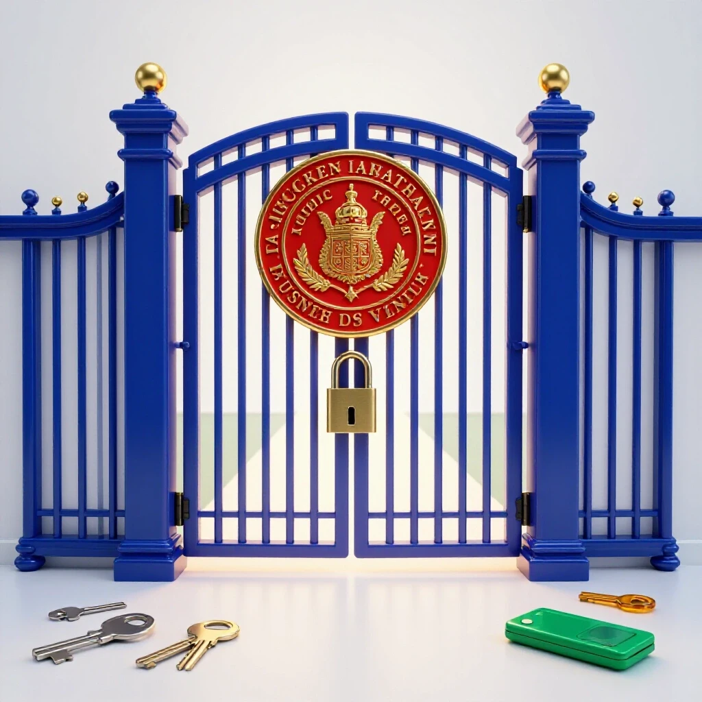 A glossy academic gate with a sealed emblem blocks a bright pathway, keys and tools nearby for access.