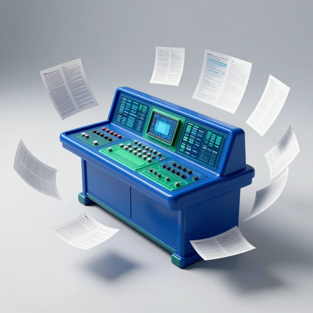 Central control panel with swirling documents and digital records representing registrar responsibilities in a bright studio setting.