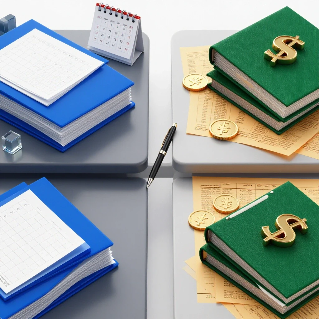 Two distinct office desks side by side, one with academic documents and schedules, the other with financial ledgers and currency, separated by a clear visual divide.