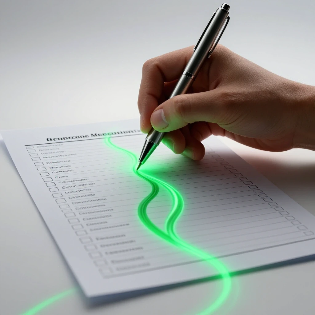 Hand holding a pen above a checklist with a glowing path leading forward on a bright background.