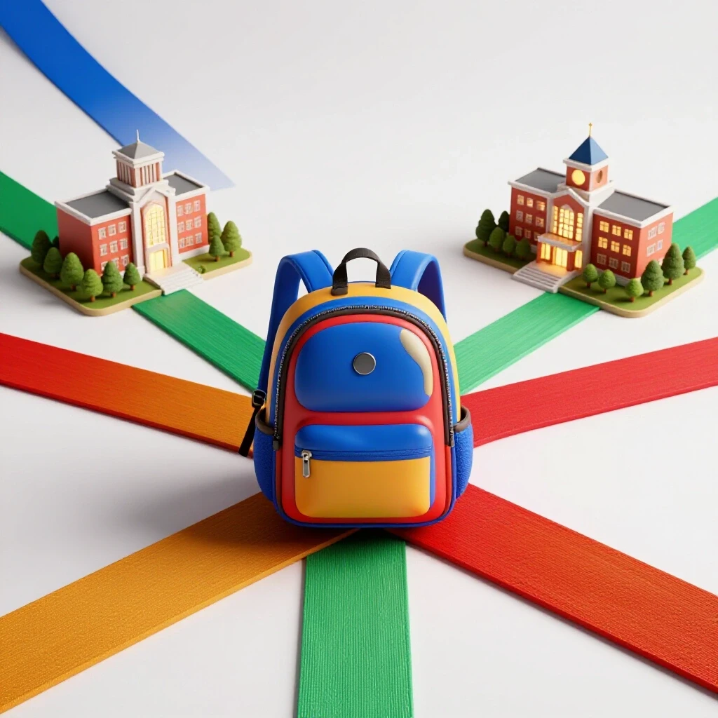 A colorful backpack stands at a crossroads with four vibrant paths leading to distinct campus buildings.