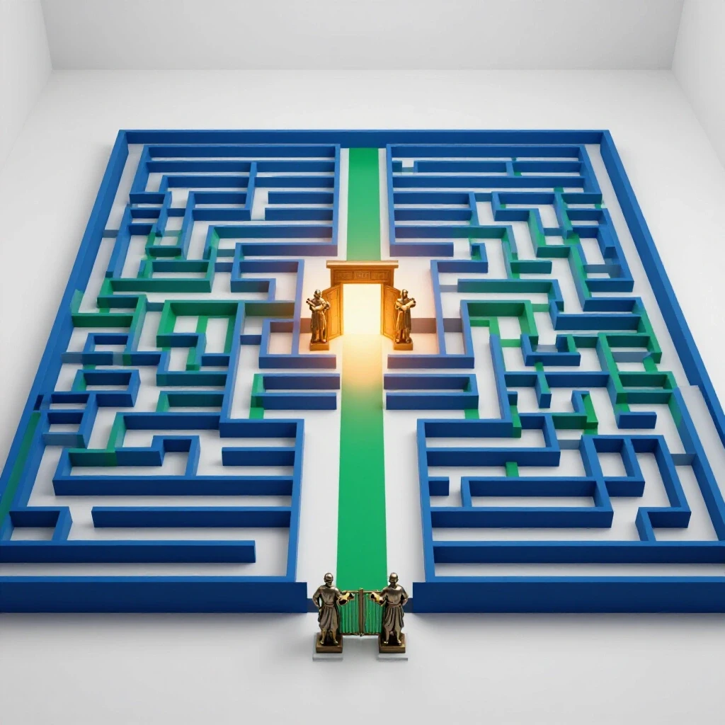 Intricate maze-shaped campus with glossy colored paths, statues holding scrolls, and a glowing doorway at the center