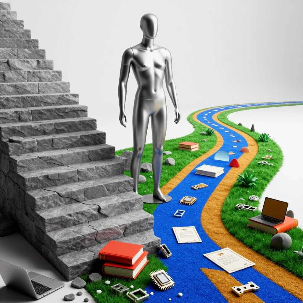 A mannequin steps from a broken stone staircase onto a vibrant path of books, certificates, and tech symbols, set against a luminous background.