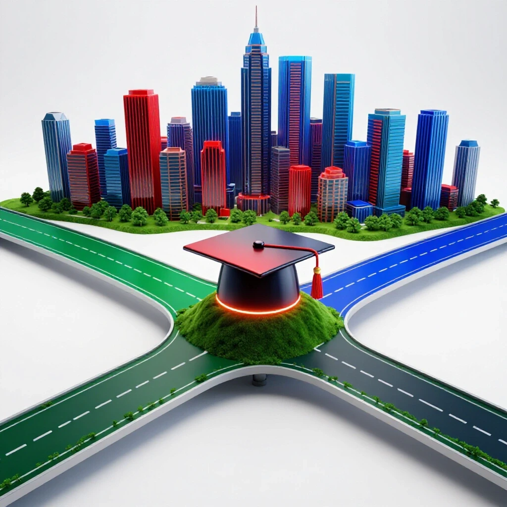 A dramatic crossroads with paths leading to a vibrant city skyline or a glowing graduation cap atop a hill.
