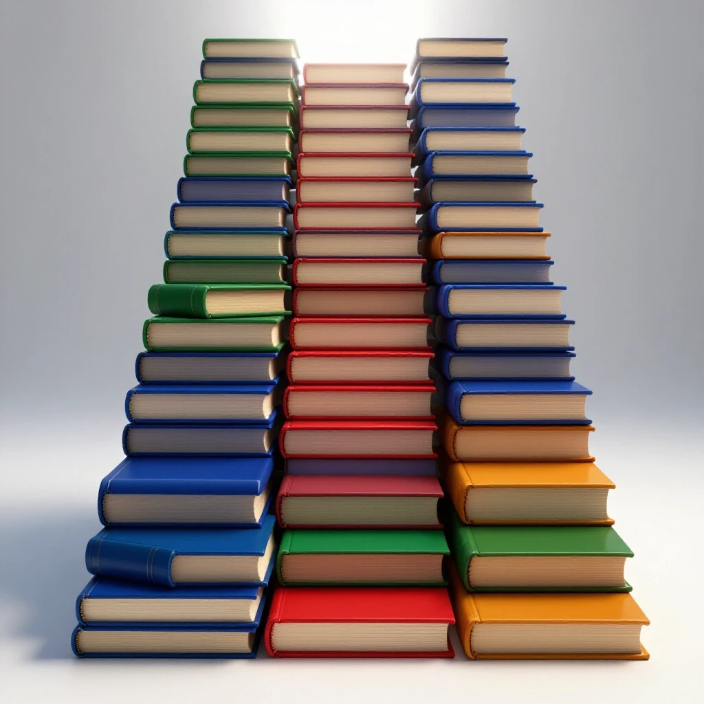 Vibrant staircase of oversized colored textbooks ascending into a bright, welcoming light, symbolizing academic progress.