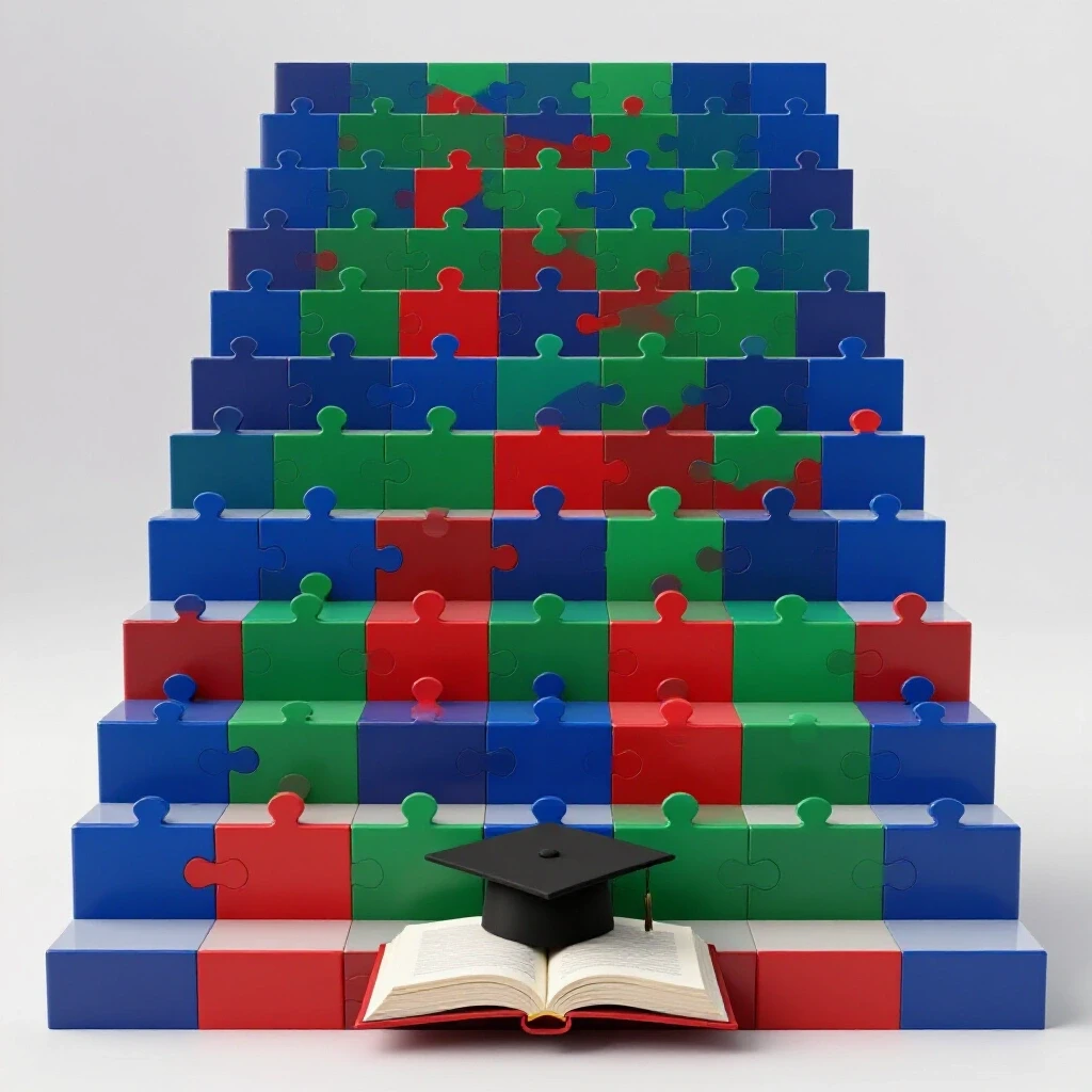 Vivid staircase of interlocking puzzle pieces ascending in a bright studio, symbolizing learning progress.