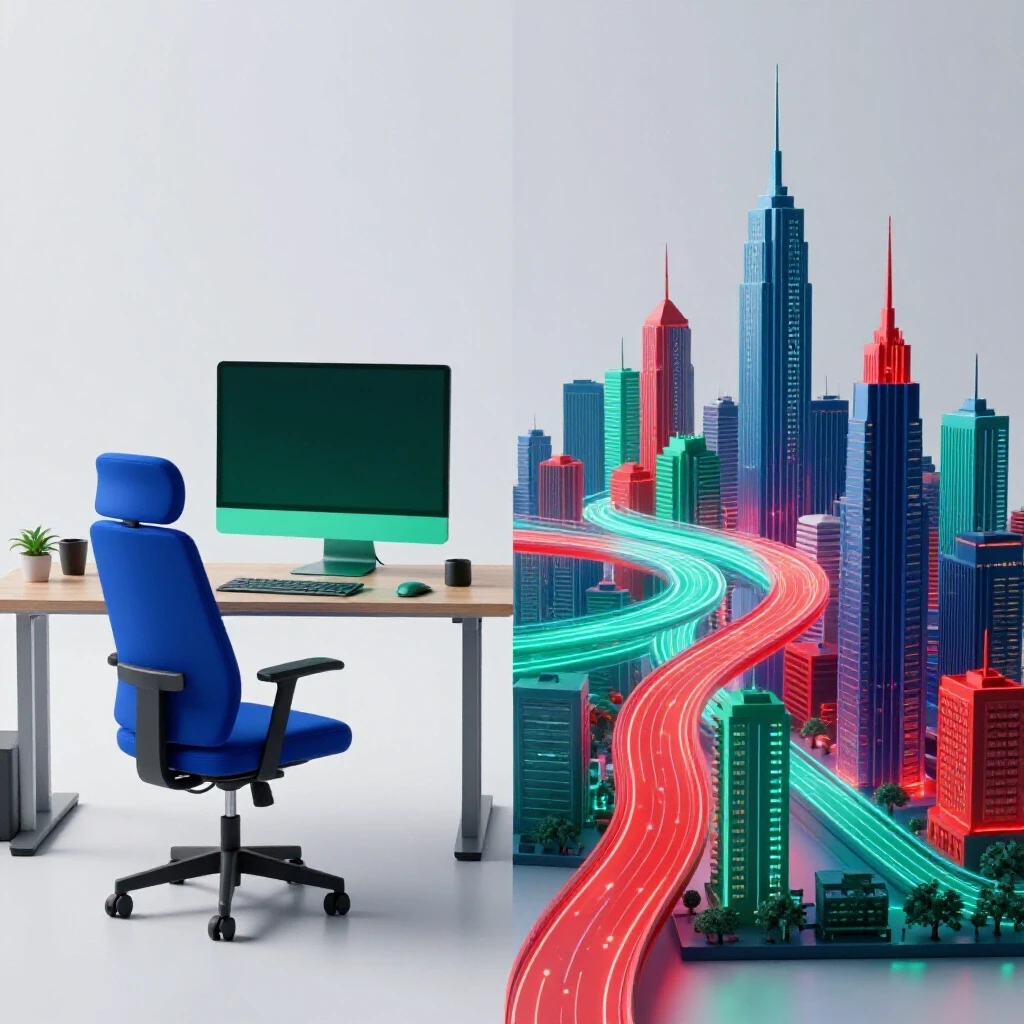 Dynamic split scene showing a cozy home office and futuristic digital city connected by luminous pathways