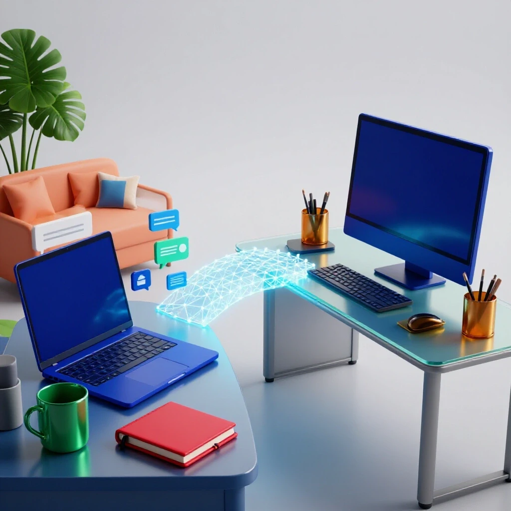 Split scene of a home workspace and office connected by a glowing digital bridge on a bright background.
