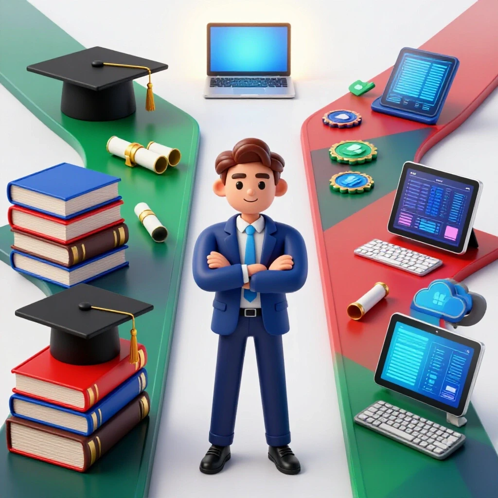 Symbolic crossroads with academic and digital learning tools leading to a glowing laptop on a bright horizon.