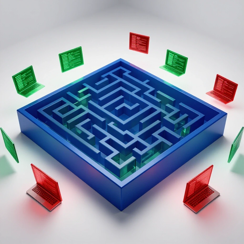 Glossy maze with floating digital resumes and glowing laptop screens symbolizing remote job search challenges and opportunities.