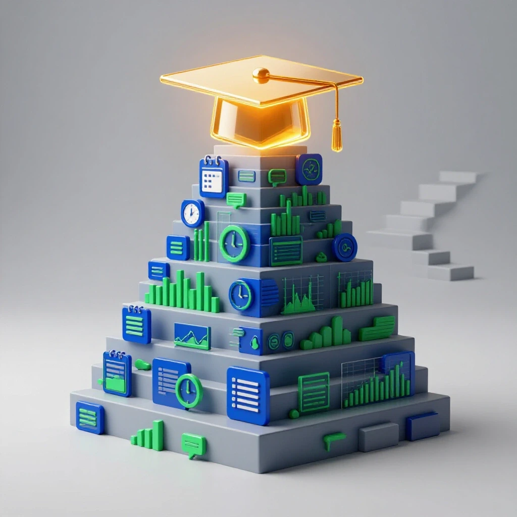 Staircase of digital icons and data graphs leads to glowing graduation cap, symbolizing online learning success