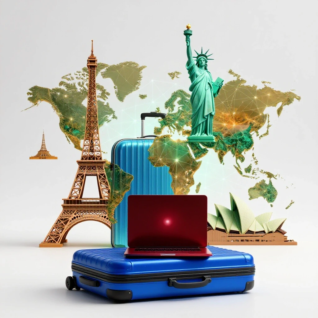 A bold suitcase with an open laptop on top, surrounded by global landmarks and digital network motifs, set in a brightly lit studio.