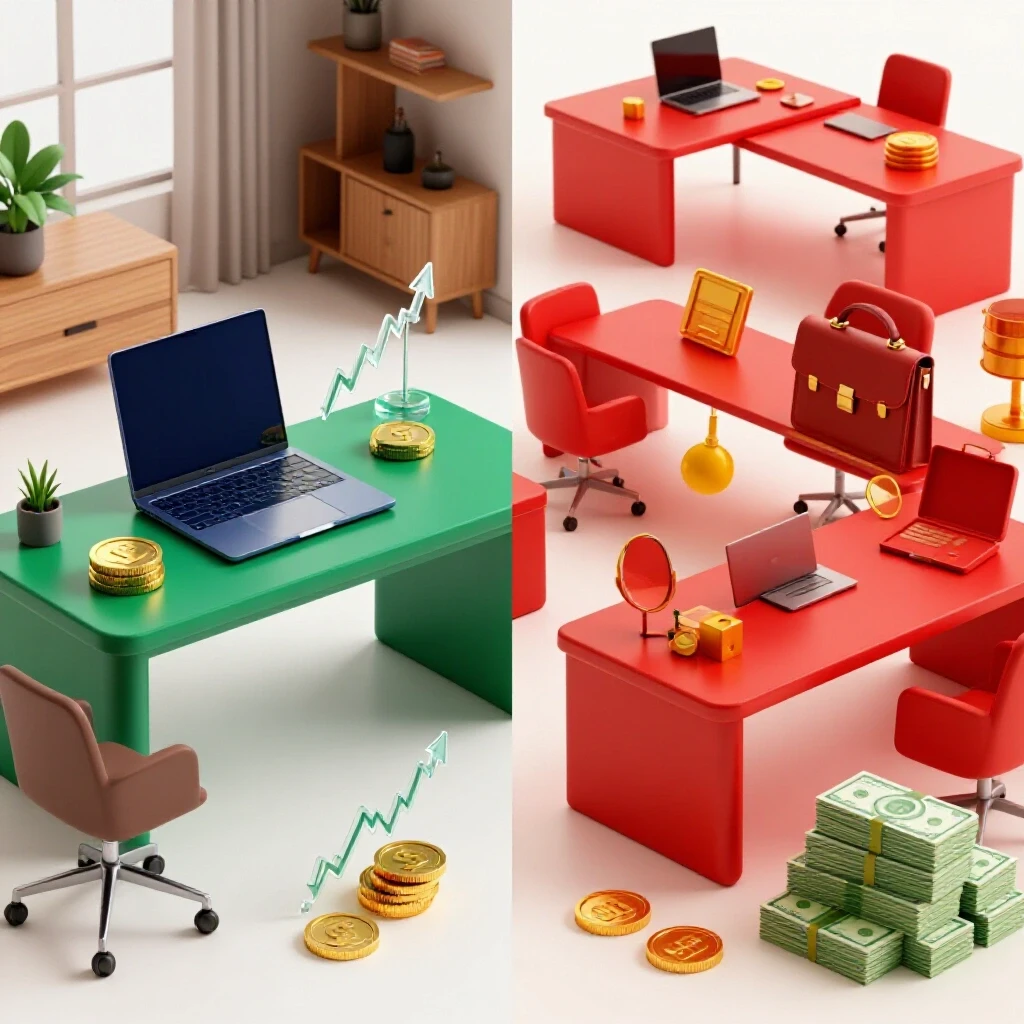 Split scene showing a vibrant home workspace and a lively office setting with contrasting financial symbols
