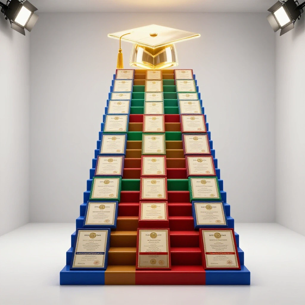 Scholarship certificate staircase with a glowing graduation cap at the top set in a bright studio.